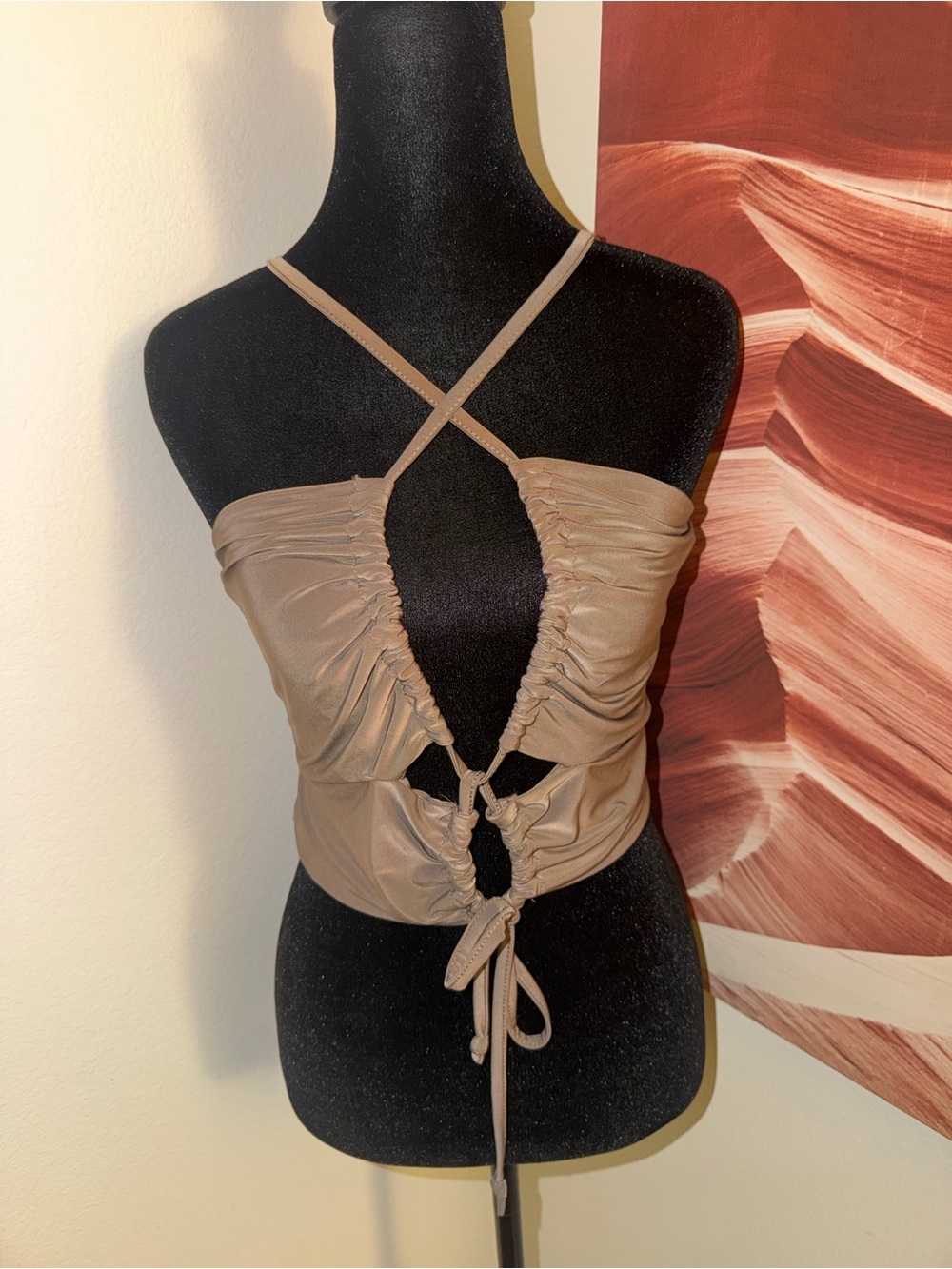 PrettyLittleThing Taupe Ruched Cut-Out Halter Crop Top
